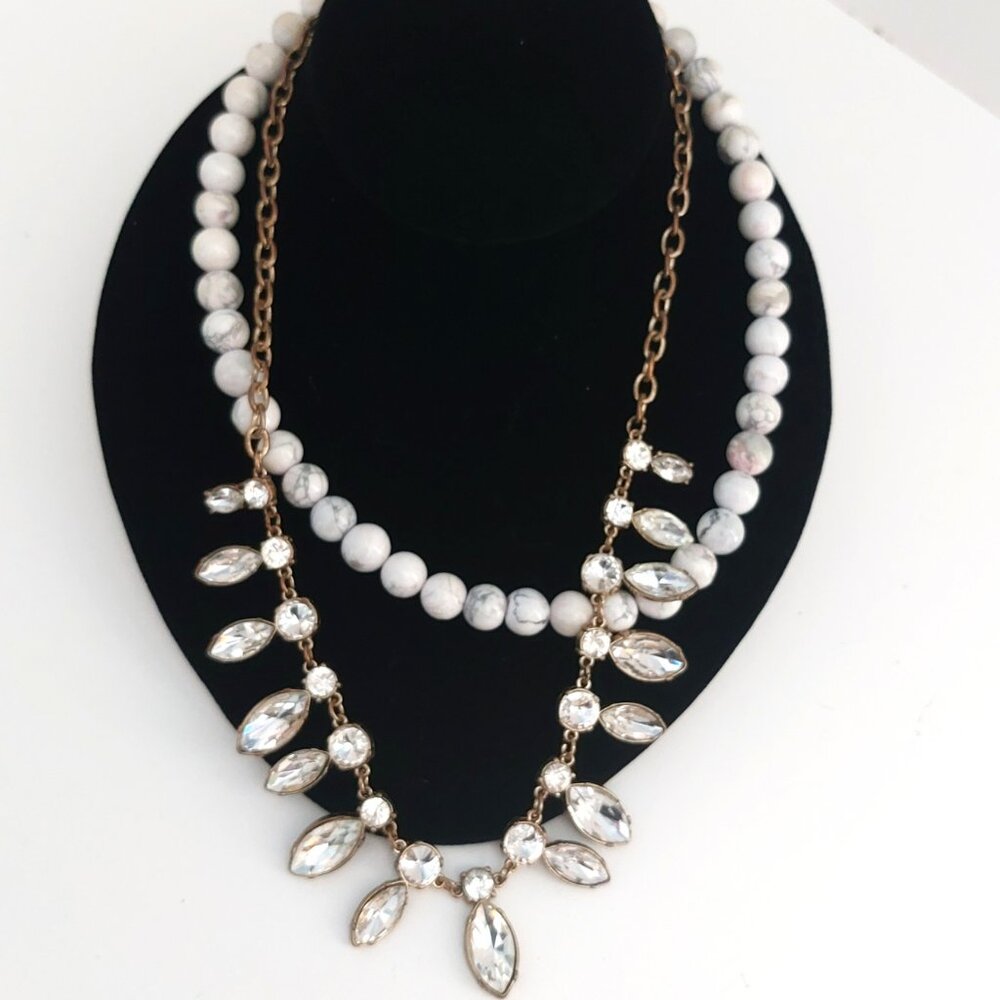 Anthropologie Necklace Boho Chic Double Strand Natural Stone Gold Rhinestones